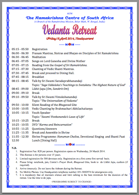Detailed items of Program on Vedanta Retreat