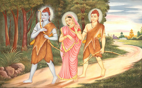 Sri Rama walking in the forest followed by Mother Sita and Lakshmana